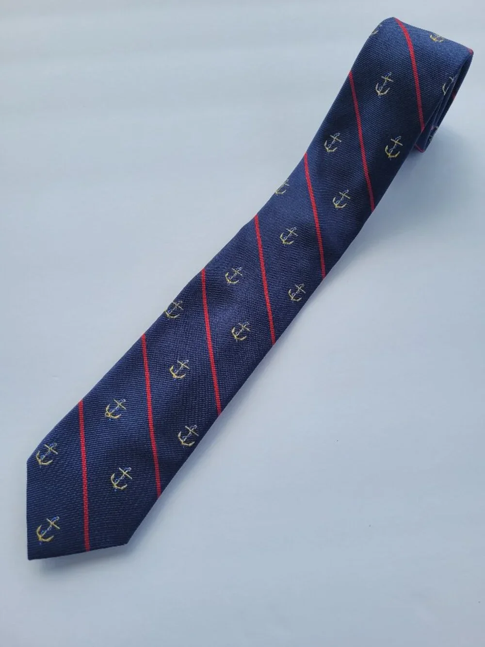 J Crew Men's 100% Silk Tie Anchor Striped Classic Navy Blue & Red Embroidered